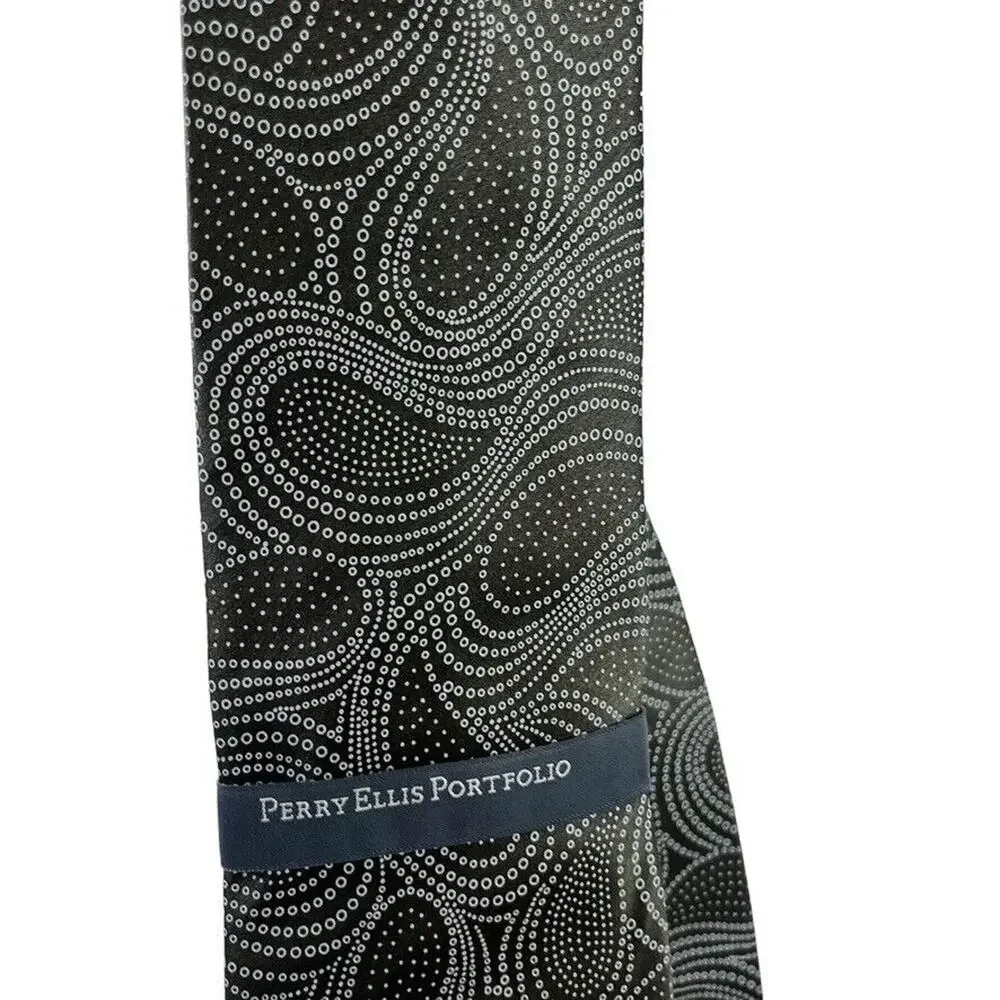 Perry Ellis Portfolio Mens Gray Olive Paisley 100% Silk Hand Made Necktie Tie